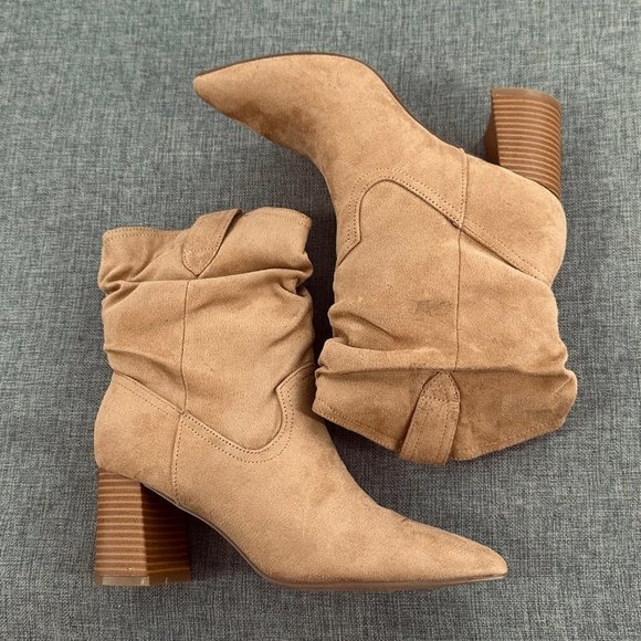 Chunky Block Mid-Calf Boots Pointed Toe Suede Size 7 Brown/ Tan Color Brand New - Picture 5 of 16